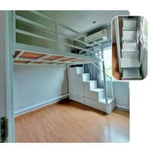 เตียงยกสูง บันไดลิ้นชักสีขาว